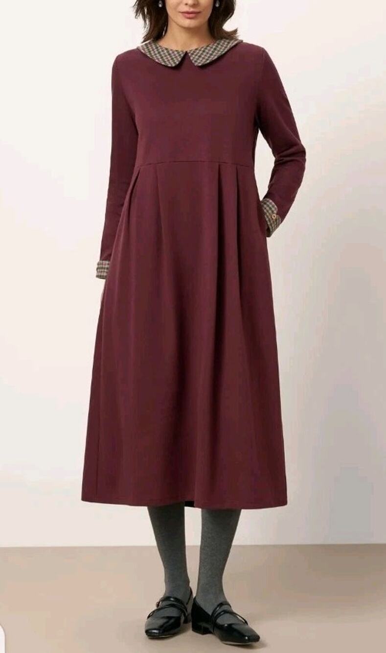 Lintico Carla Long Sleeve Burgandy Midi Dress Plaid Peter Pan Collar XL New